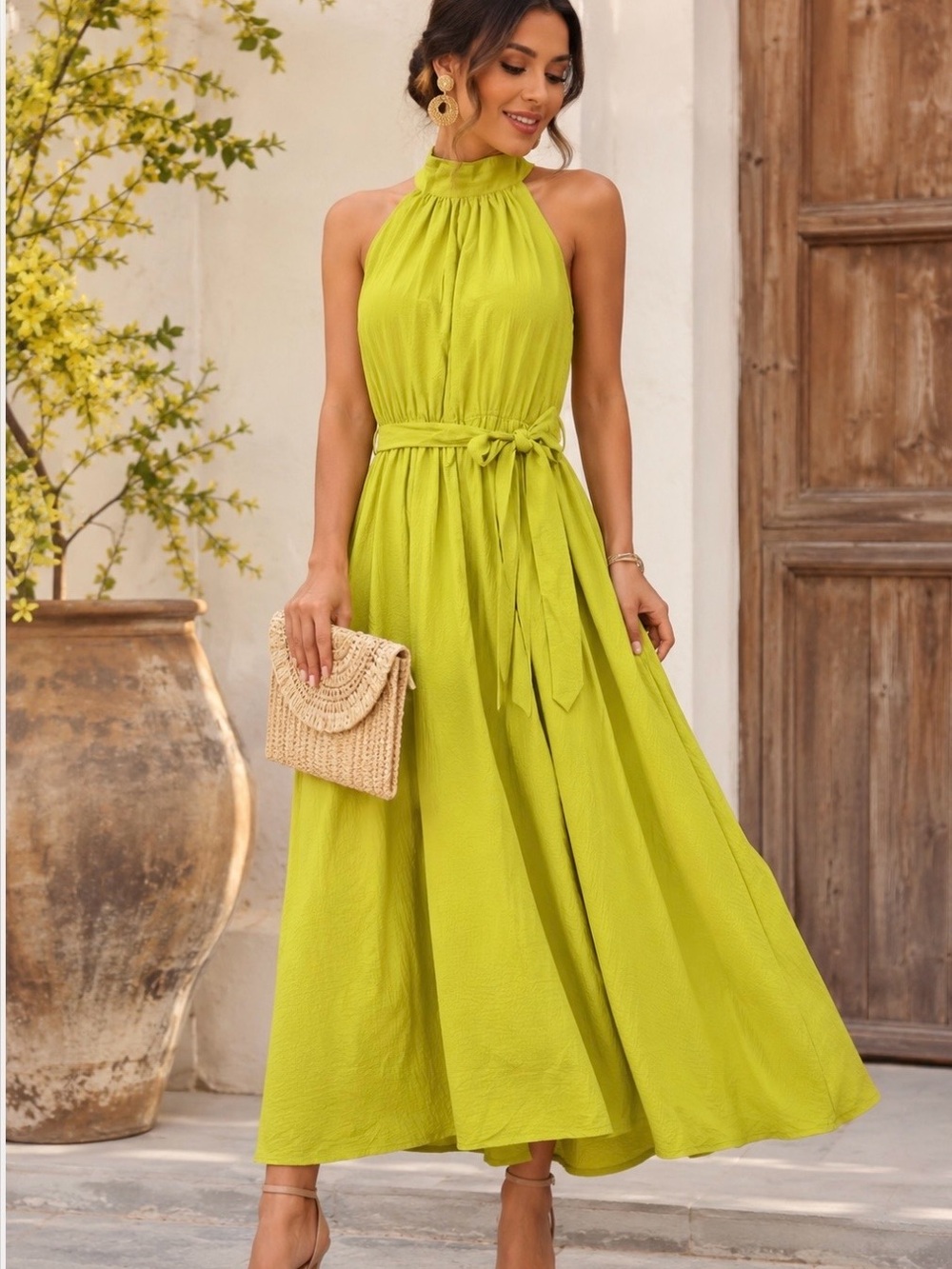 Worthington Chartreuse Halter Maxi Dress with Waist Tie